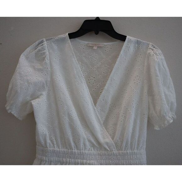 WAYF Women's Sz M White Reese Smocked Waist Tiered Eyelet Cotton Mini Dress - Picture 3 of 15